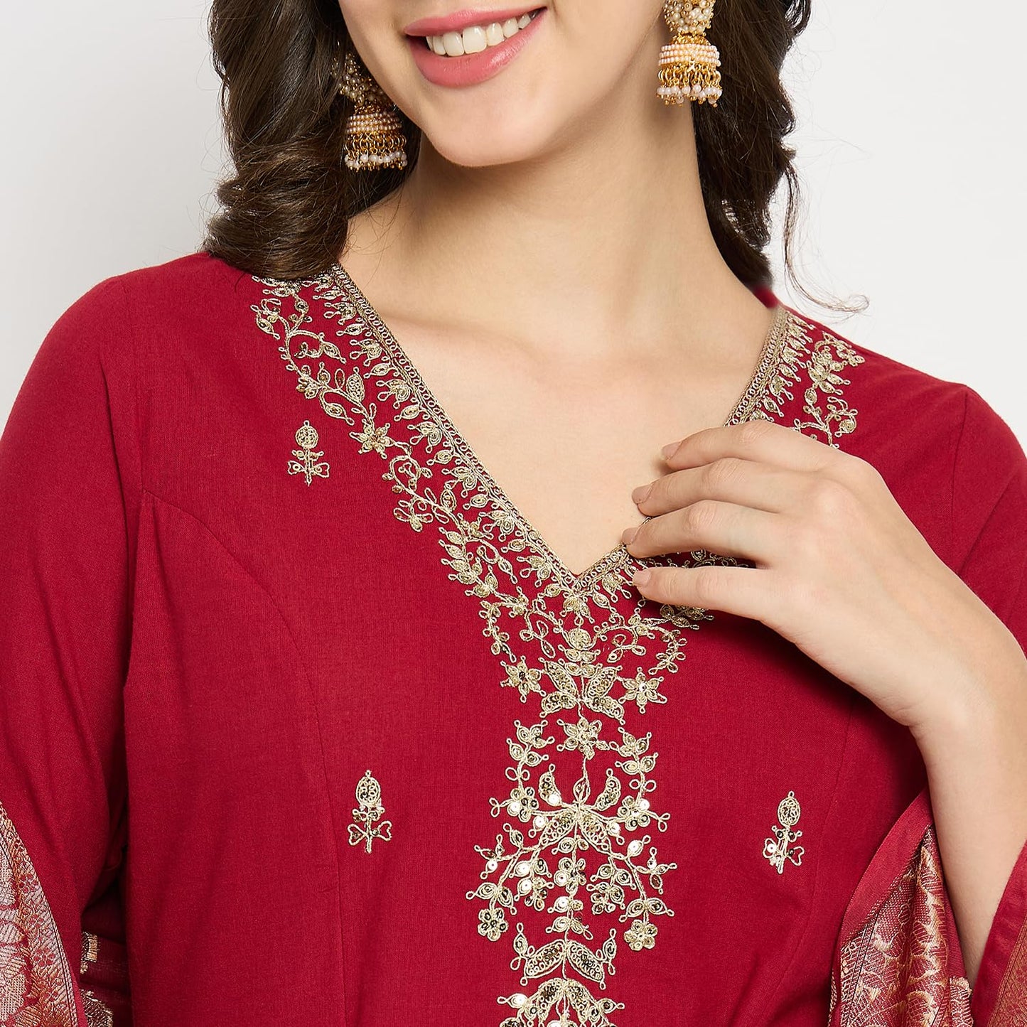 Rangavali Mangalagiri Anarkali Suit Set | Maroon Embroidered Managalgiri Readymade Outfit Kurta, Pant & Banarasi Dupatta for Women | Kurti Set for Ladies | 3 Pcs, 2XL, 42