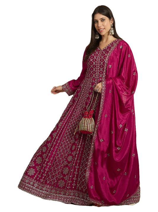 Miss Ethnik Women's Maroon Chinon Stitched Gown with Dupatta Full Sleeve Embroidered A-Line Gown (MEY-1236-Maroon-M)
