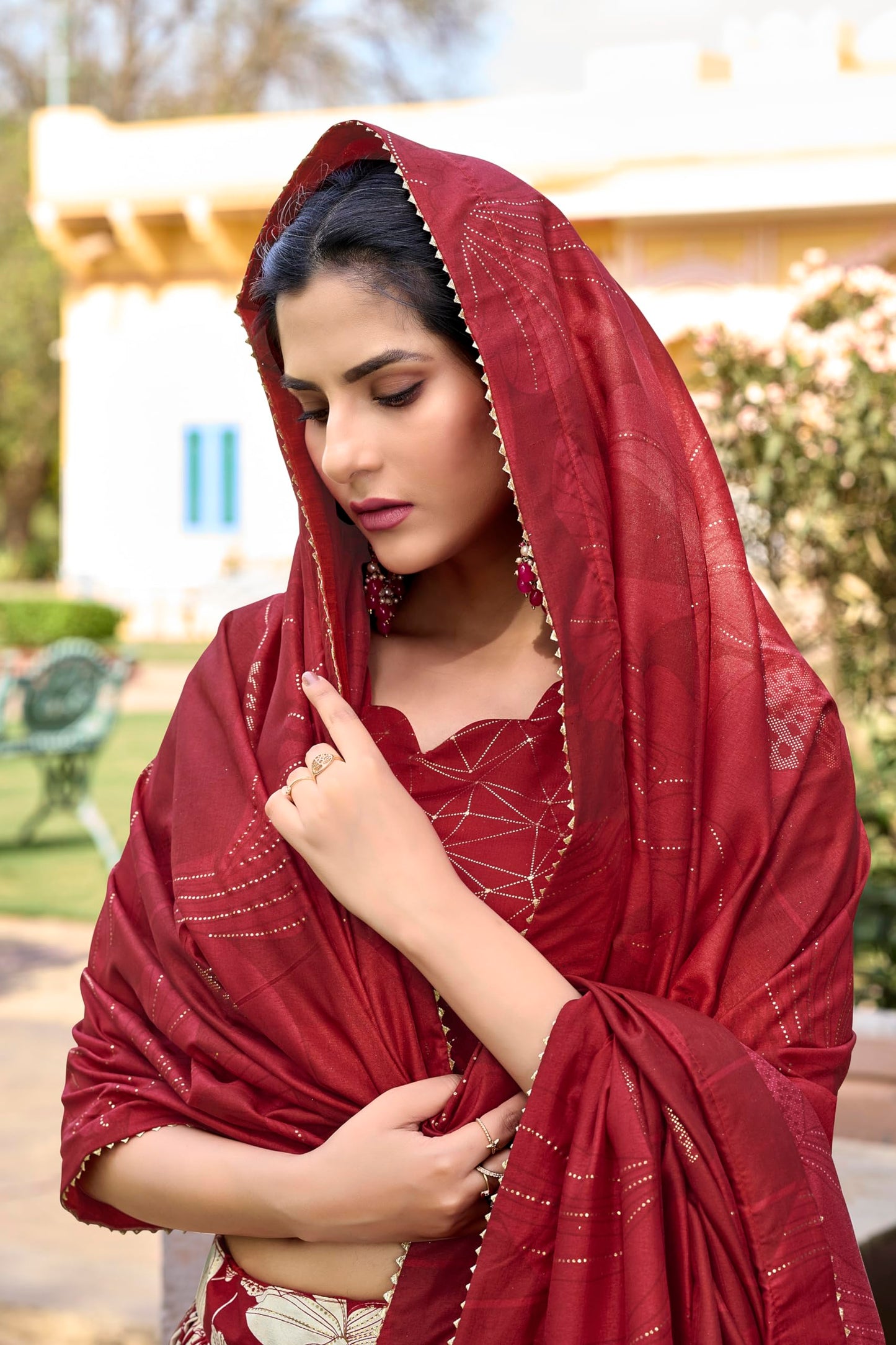 LooknBook Art Women's Tussar Silk With Floral Print Chaniya Choli (Red)