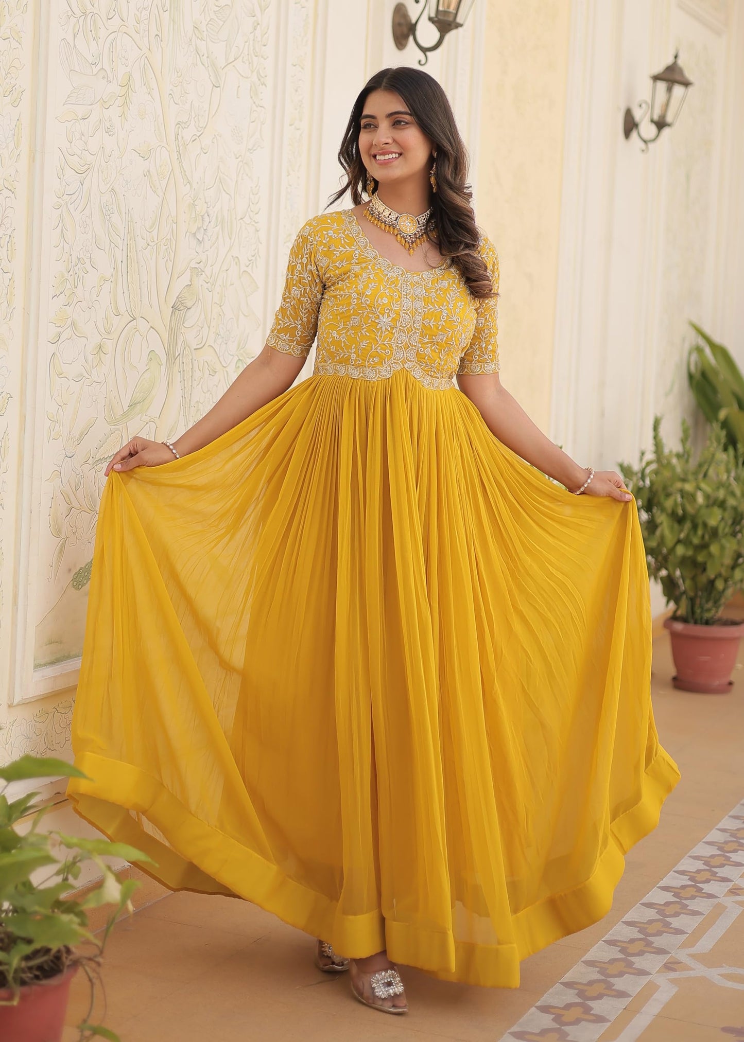 Fashion Basket Red Georgette Embroidered Anarkali Kurta Set for Women (in, Alpha, XL, Regular, Yellow)
