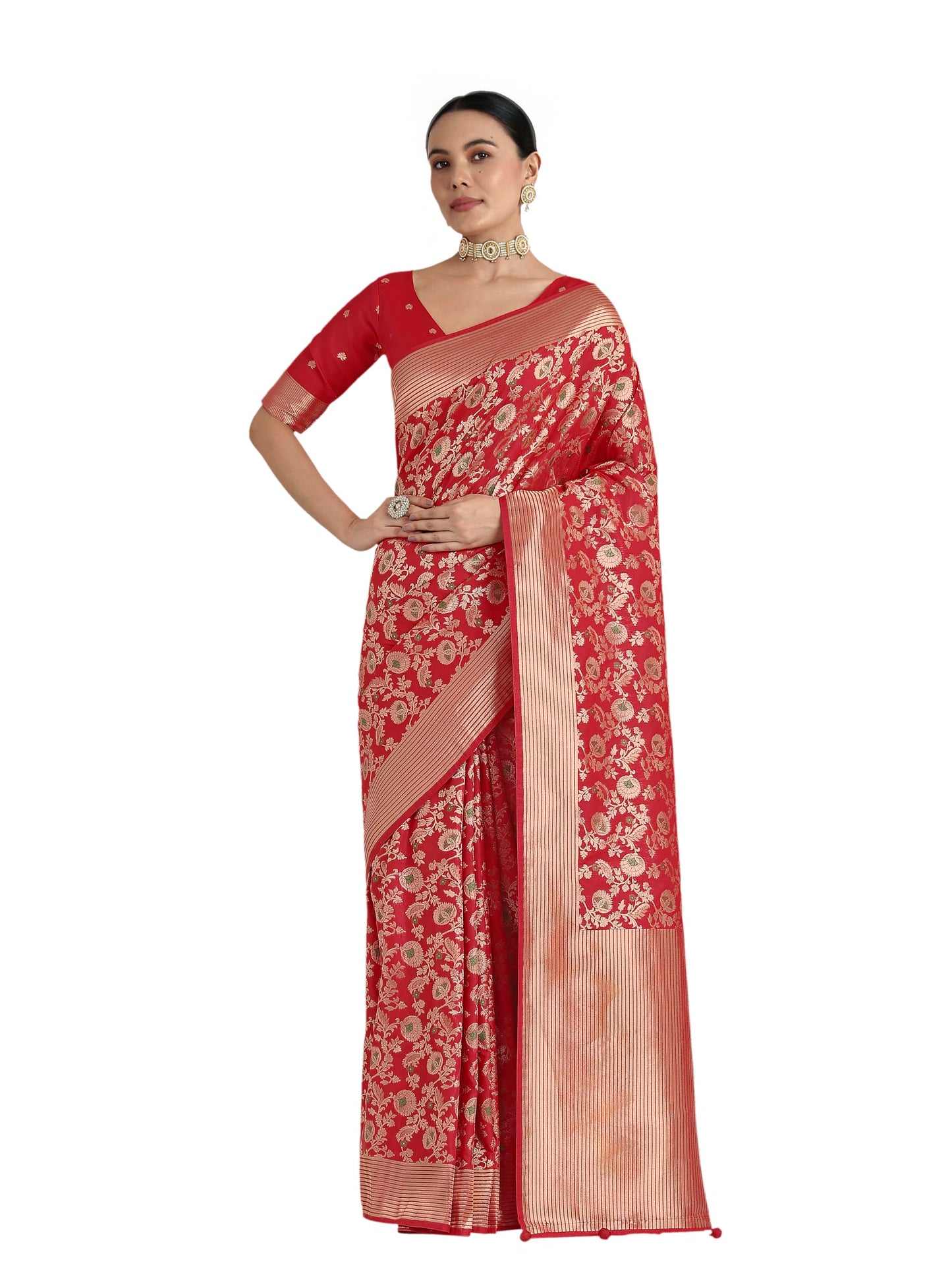 Monjolika Fashion Women's Graceful Banarasi Silk Saree In Classic Zaal Pattern & Rich Zari Woven Pallu comes with Unstitched blouse (14000_Color)