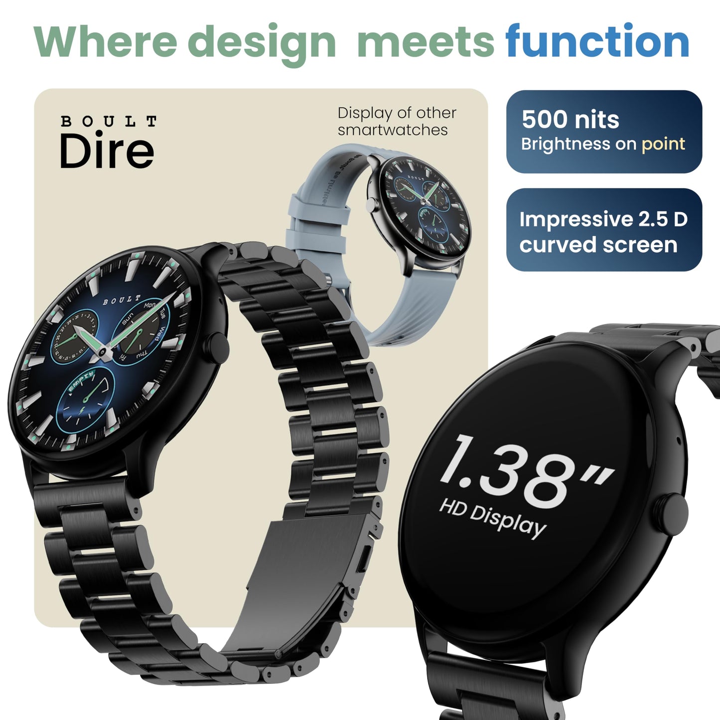 Boult Newly Launched Dire Smartwatch 1.38'' 2.5D Curved HD Display, BT Calling, 500 Nits Brightness, IP67, 250+ Watchfaces, 120+ Sports Modes, AI Voice Assistant, SpO2 Monitoring (Metal Black)