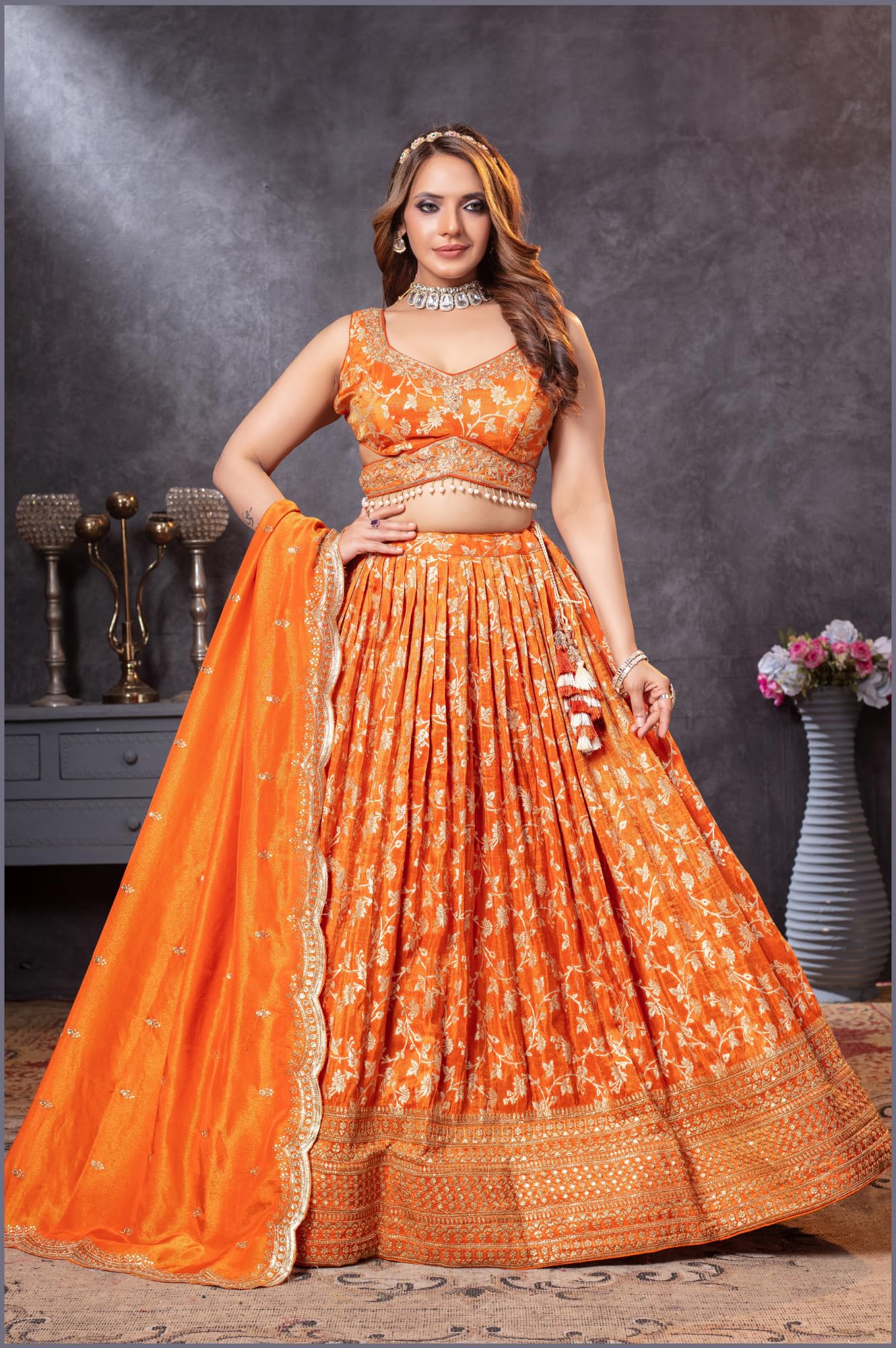 ADHIA Women's Embroidered Lehenga Choli with Dupatta | Silk Blend Wedding Lehenga Set | Traditional Indian Dress (Lehenga, Dupatta, Blouse, Orange, Size - L)
