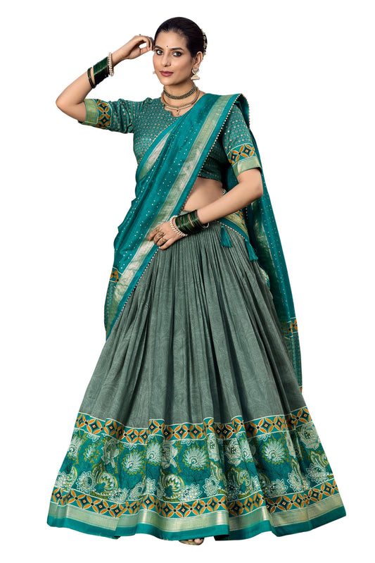 LooknBook Art Women's Tussar Silk With Foli Print Semi-Stitched Lehenga Choli Set (Sea Green)