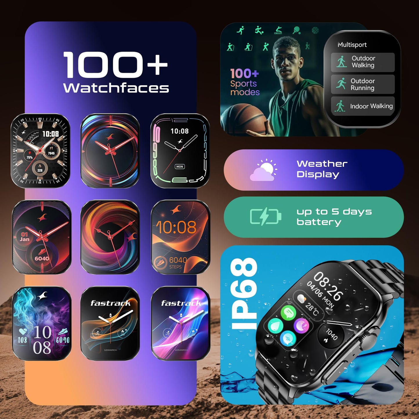 Fastrack Astor FS2 Pro Smart Watch, 1.96” AMOLED Display, 410 * 502 Pixel Resolution, SingleSync BT Calling, AI Voice Assistant, 100+ Sports Modes & Smartwatch Faces, Upto 5 Day Battery, IP68