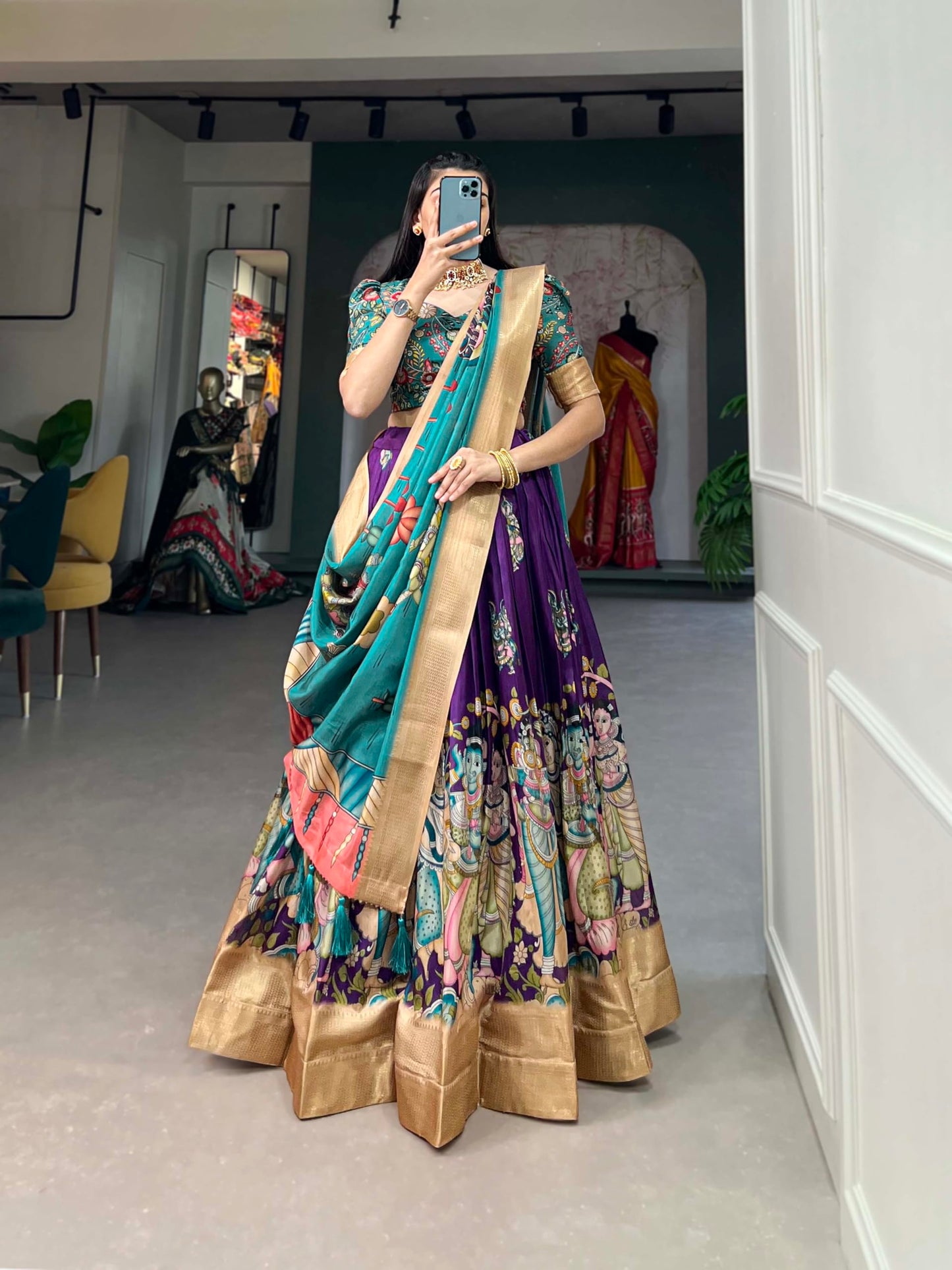 LooknBook Art Women's Floral Pattern Cotton Dola Silk Lehenga Choli Dupatta Set with Unstitched Blouse Piece and Zari Weave Type