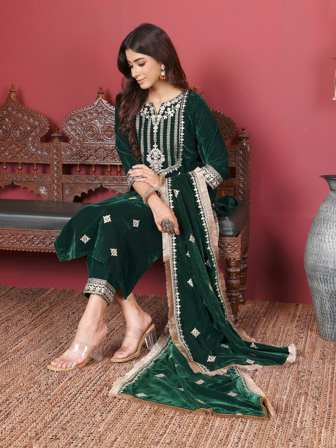 Varanga Women Green Velvet Round Neck Yoke Embroidered Straight Kurta Paired With Tonal Bottom And Embroidered Dupatta With Four Sided Fringes