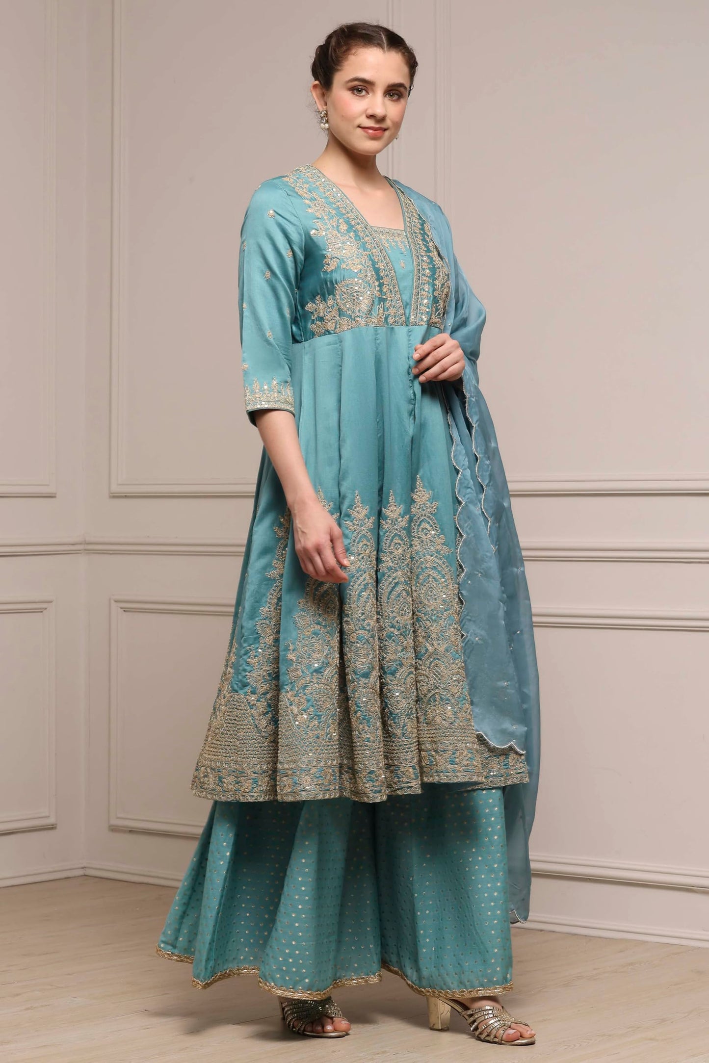 Biba Women Blue Silk Chanderi Anarkali Suit Set_34