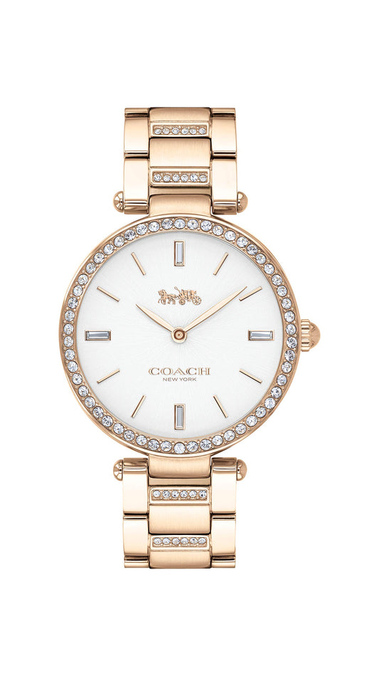Coach Park Qtz Basic White Round Dial Women's Watch|Ionic Plated Carnation Gold Steel & Crystals Material|Gold Color Band - 14503094