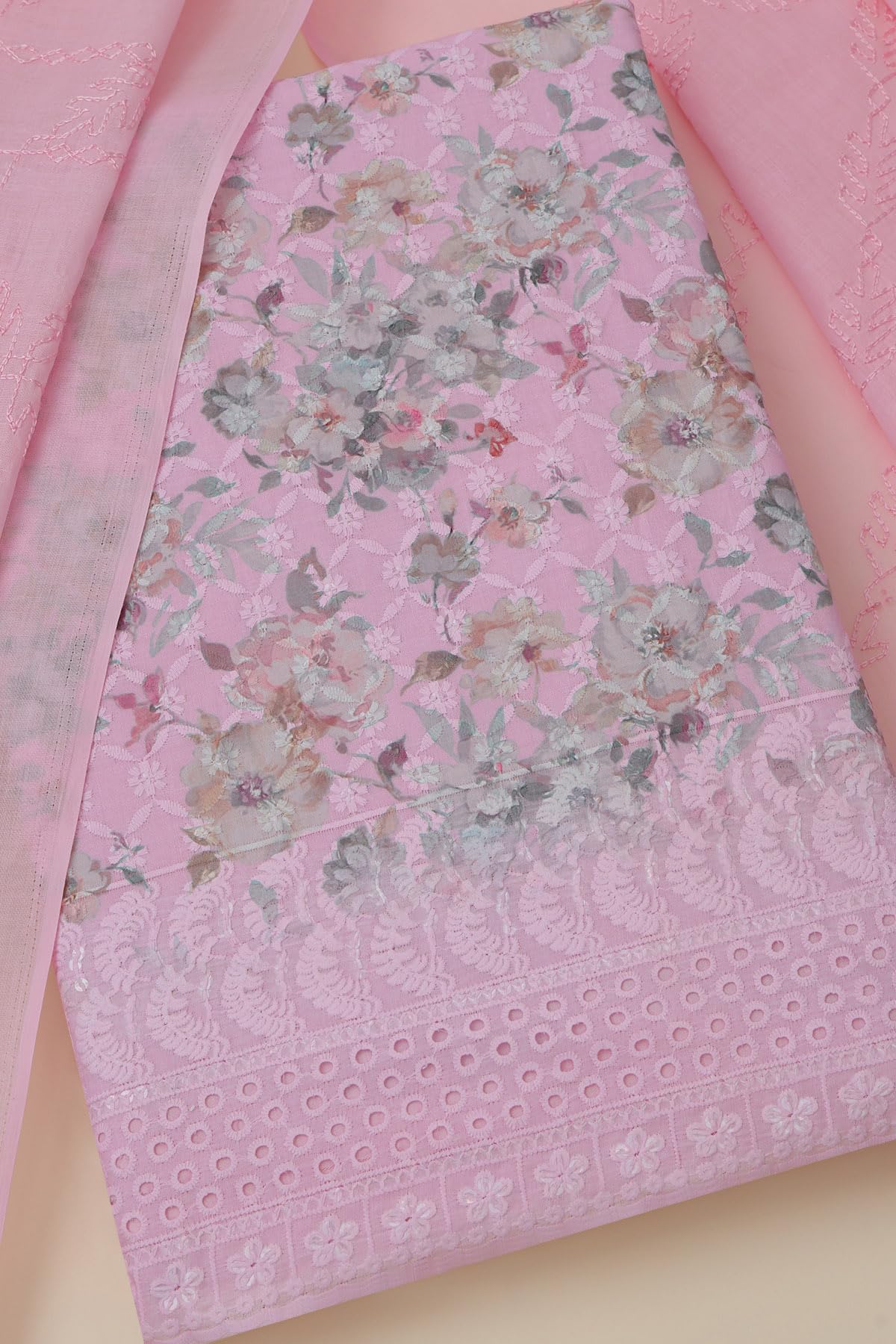 Soch Womens Pink Cotton Floral Print Unstitched Dress Material With Thread Work
