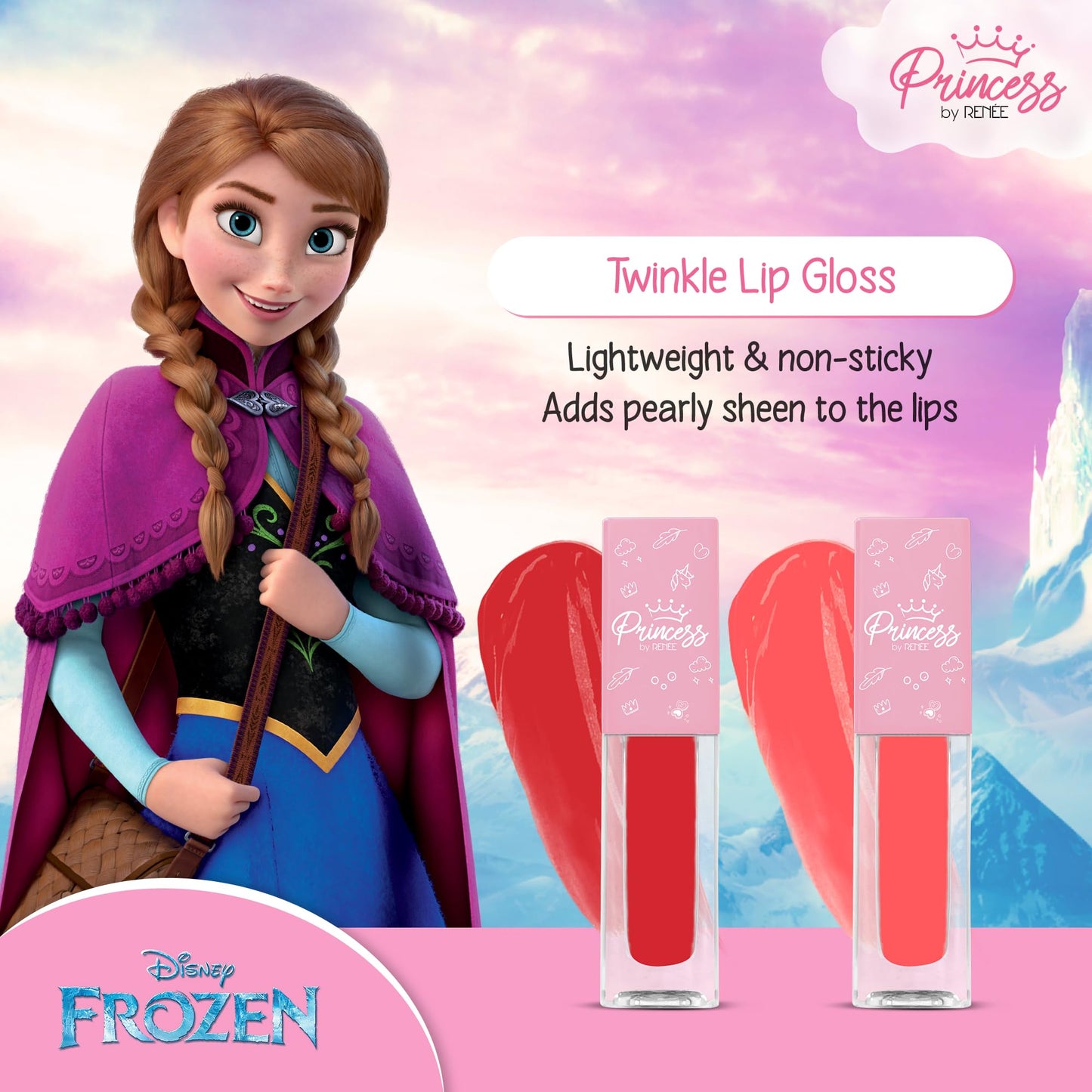 Disney Frozen Princess By Renee Gift Set, For Pre-Teen Girls, Includes Lipbalm, Lipstick, Lip Gloss, Nail polish & Makeup Kit - Includes Eyeshadows, Lip Butter, Lip Tint, Cruelty-Free & Vegan