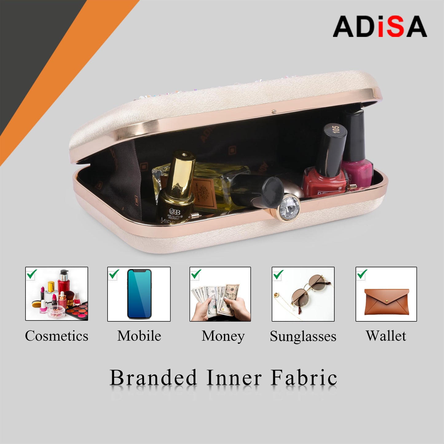 ADISA Beaded formal party clutch with gold chain for women and girls (CL108-GOL)