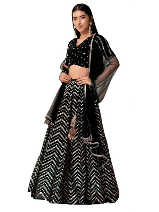 Zeel Clothing Women's Sequins Zari Embroidered Georgette Designer Lehenga Choli with Dupatta (7094-Womens-Lehenga-Choli-Latest; Free Size) (Black)
