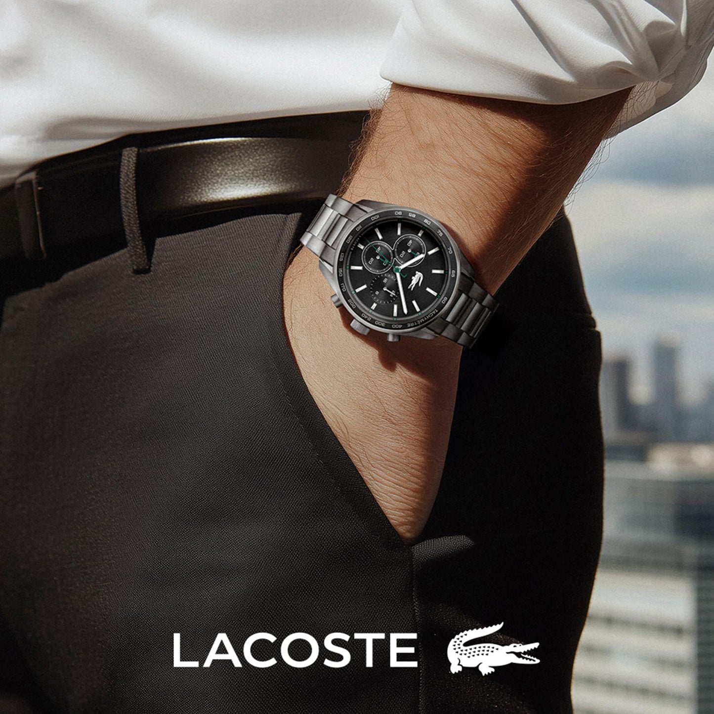 Lacoste Boston Qtz Fashion Chrono Black Round Dial Men's Watch|Stainless Steel Material|Silver Color Band - 2011347