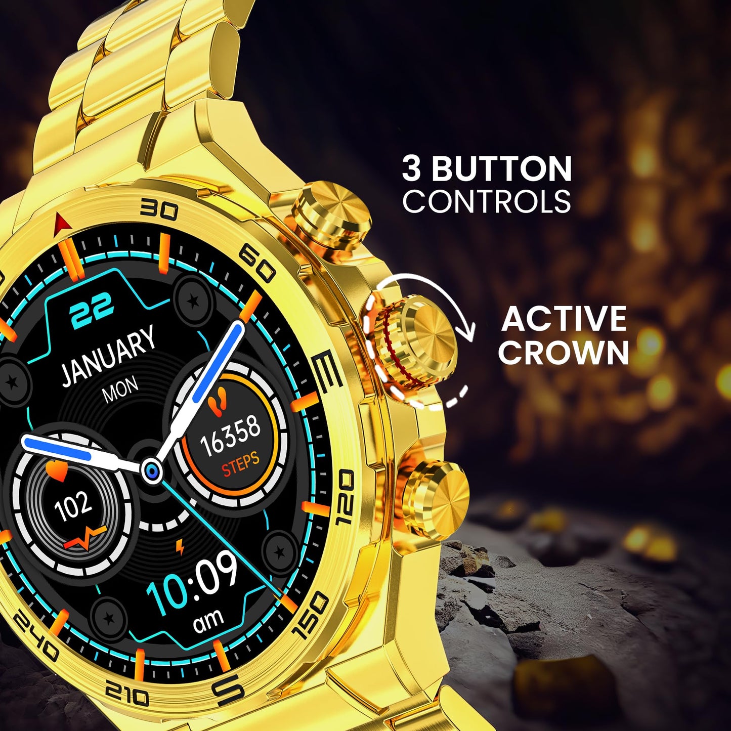 (Refurbished) GIZMORE IKON Luxe 3.93cm (1.55) FHD Display | AOD with 600 NITS I Active Crown & 3 Buttons Control | IP68 | Zinc Alloy Metal Body | 15 Days Battery & 120 Sport Modes I BT Calling Smartwatch (Gold)