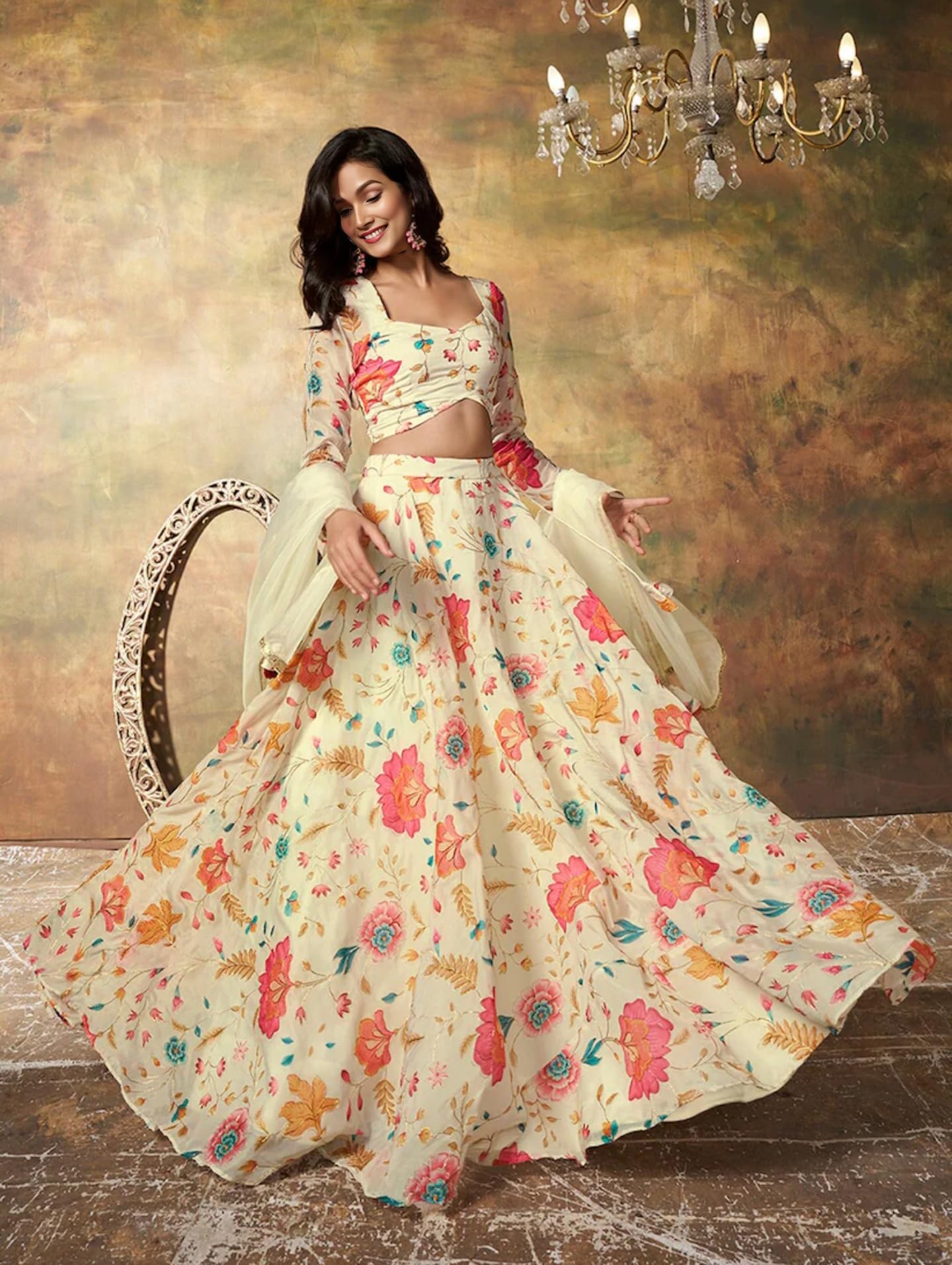 Zeel Clothing Women's Print And Dori Embroidered Organza Designer Semi-Stitched Lehenga Choli With Dupatta (7074-Beige-Womens-Lehenga-Choli-Latest; Free Size) (Beige)
