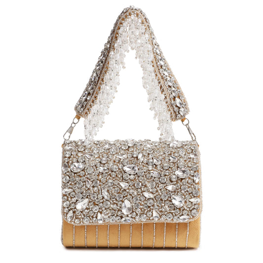 THE TAN CLAN Grace Gold Flap Over Clutch Bag for Women– Elegant Evening Handbag, Stylish Purse, Perfect for Parties, and Special Occasions