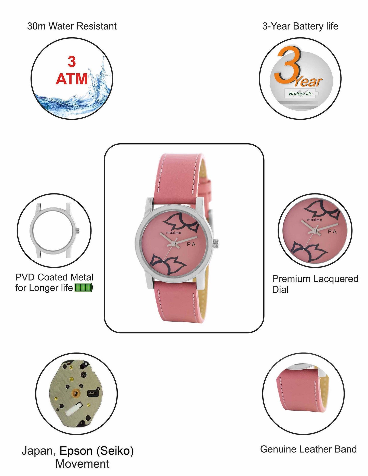 Maxima Leather Attivo Steel Analog Pink Dial Women's Watch - 23346Lmli, Band Color-Pink
