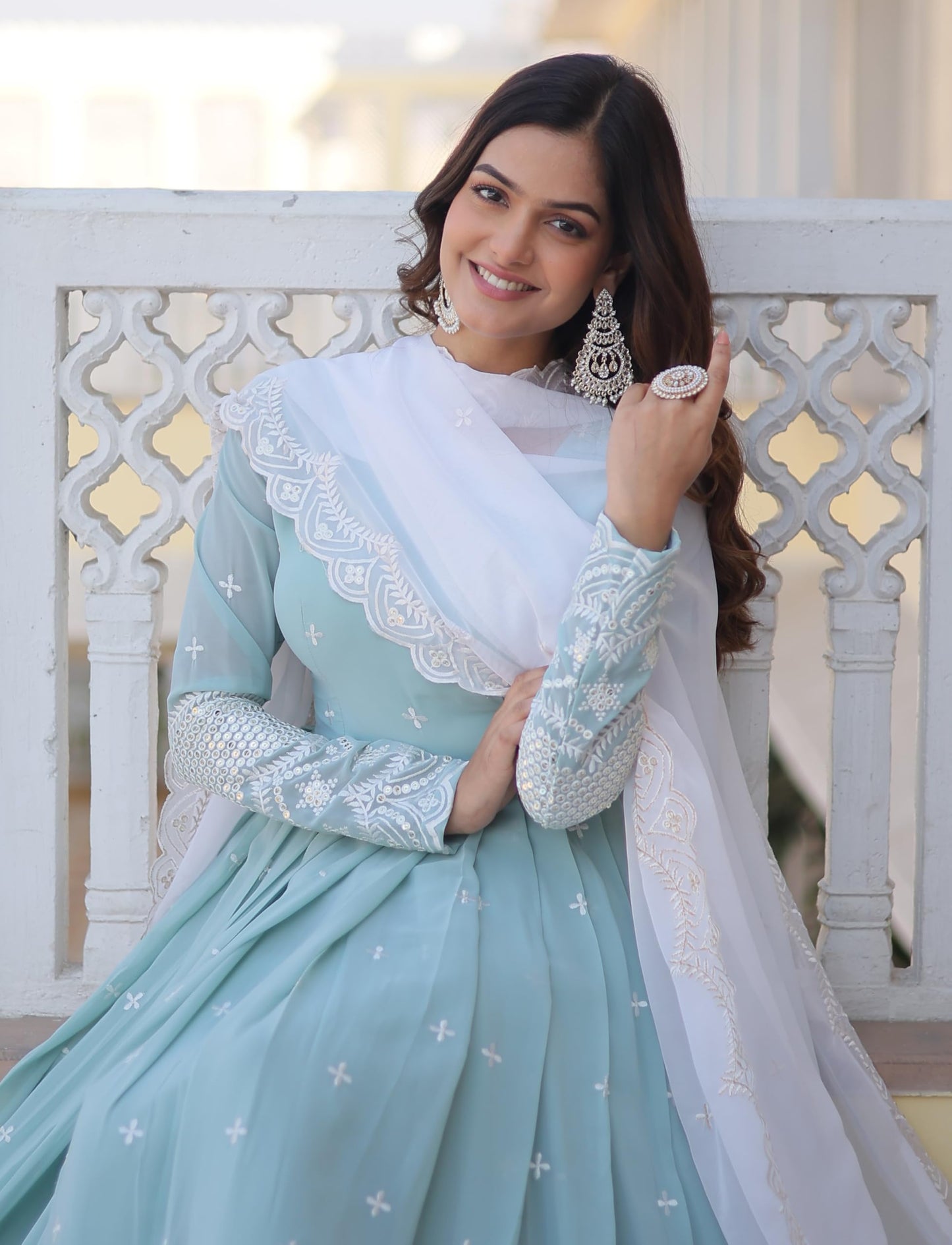 Fashion Basket Blue Women's Faux Georgette Anarkali Gown with Dupatta (Large)