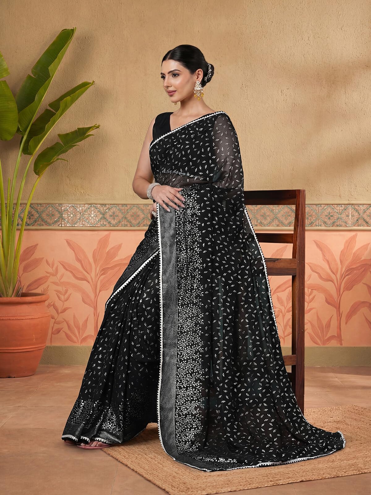 SIRIL Women's Georgette Gota Lace Foil Printed Saree with Unstitched Blouse Piece (4647S438A_Black)