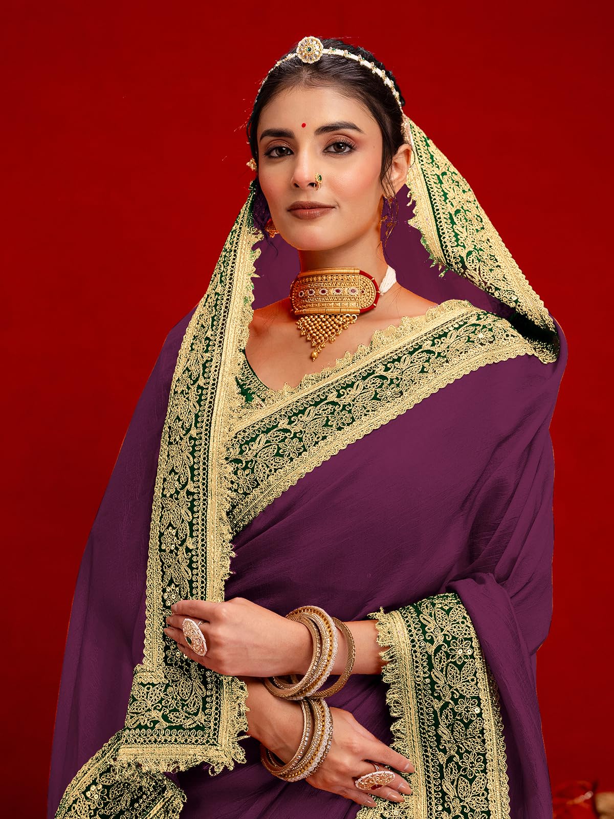 SIRIL Women's Vichitra Silk Sequins Embroidery Lace Saree With Unstitched Blouse Piece(5015S3584_Dark Purple)