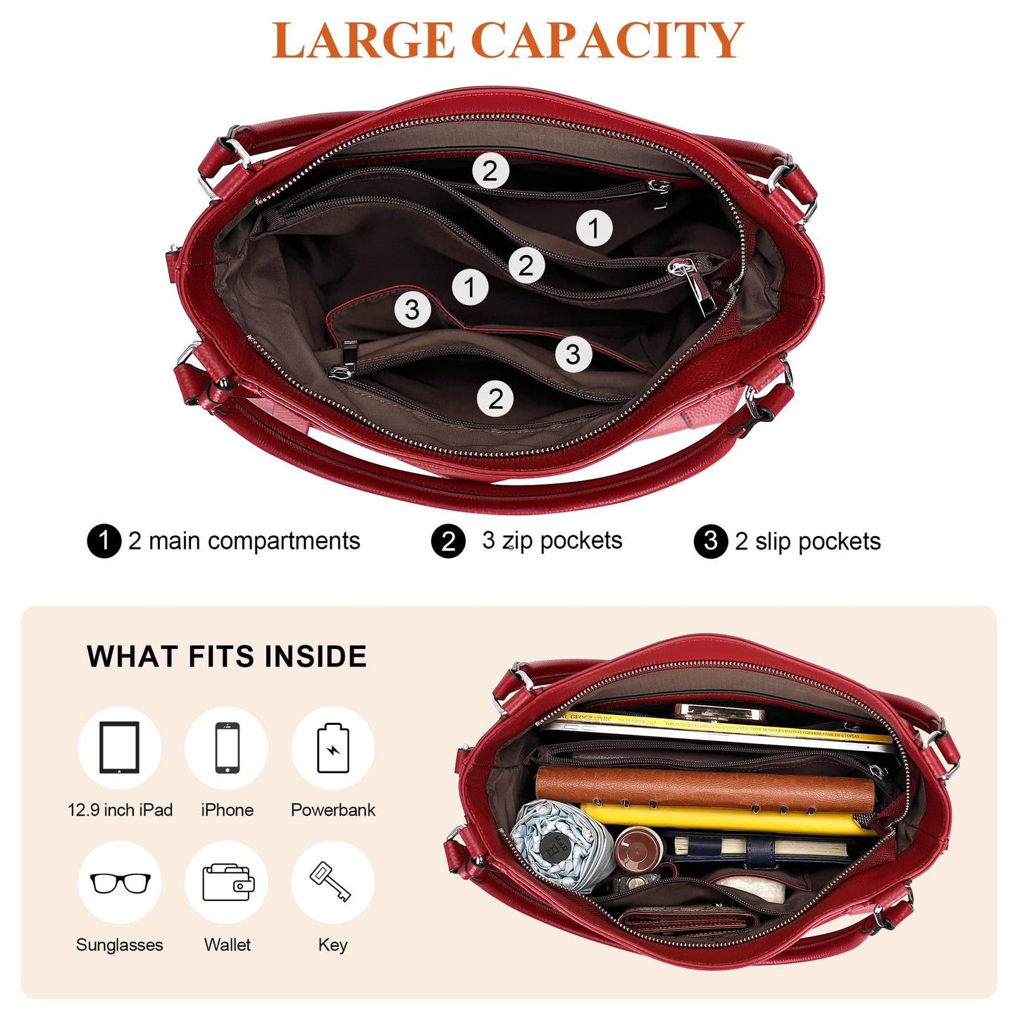 Soft Leather Handbags for Women Shoulder Hobo Bag Large Tote Crossbody Bag By OVER EARTH (O103E Red Wine)