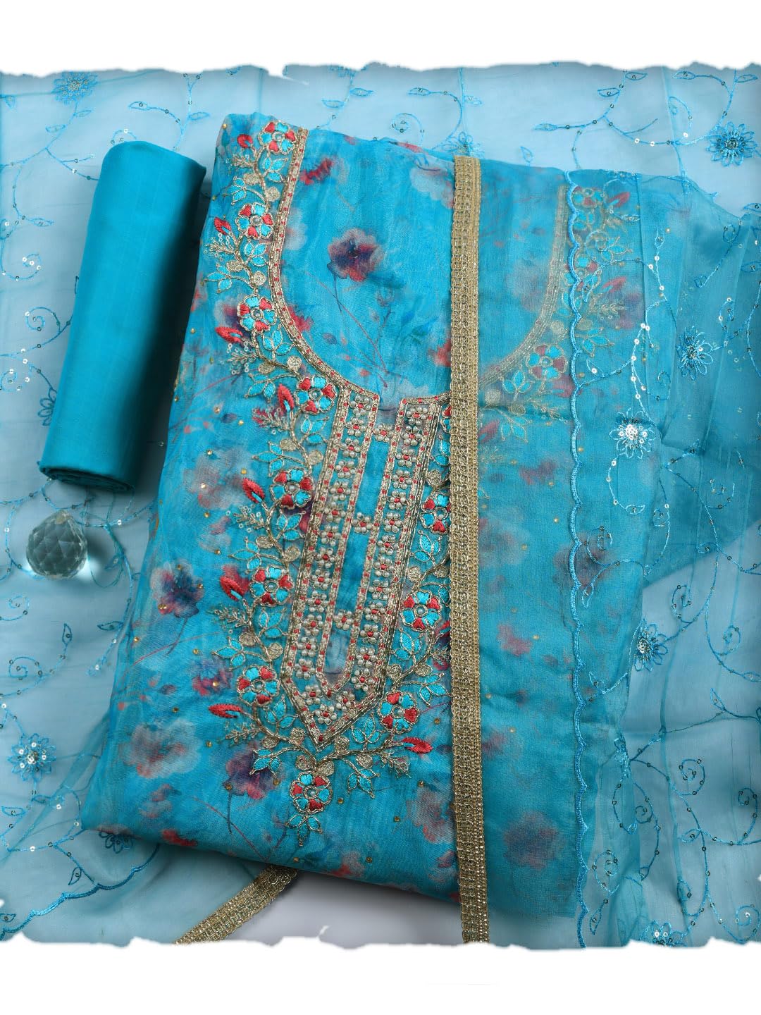 Meena Bazaar Printed Cotton Unstitched Kurta with Bottom & Dupatta