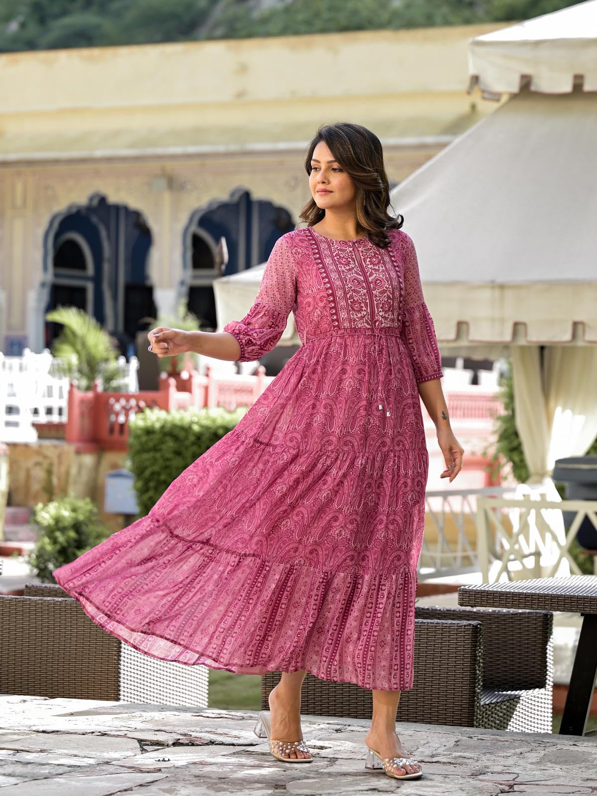Juniper Onion Pink Ethnic Motif Printed Georgette Gathers Maxi Dress with Sequins & Doris