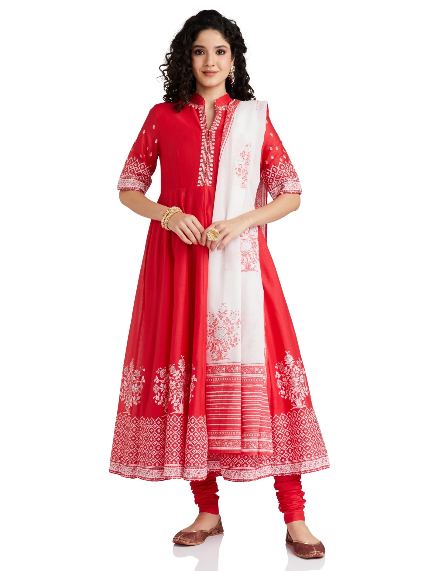 BIBA Wwomen Cotton Printed Anarkali Salwar Kurta Dupatta (SKDASSORTED5919E_Red_40)
