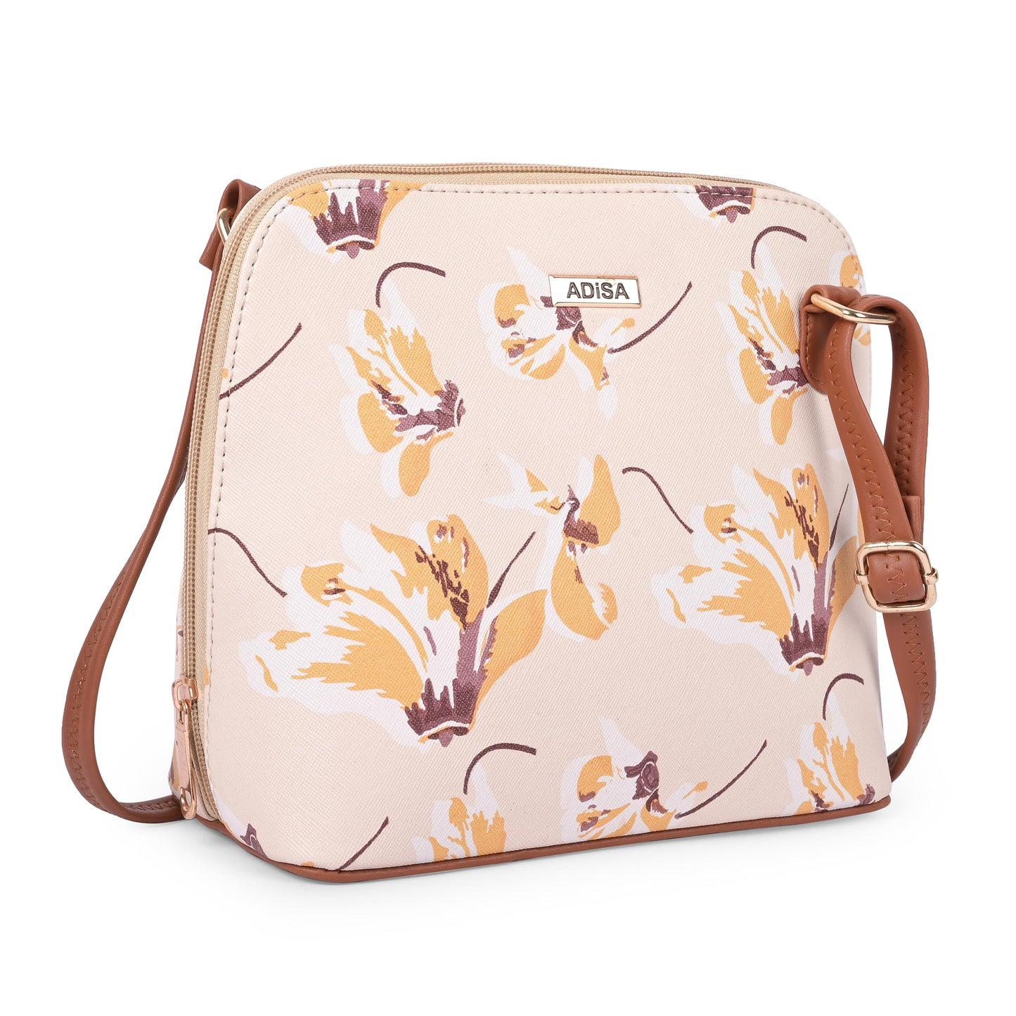 ADISA Women Girls Floral Print Faux Leather Sling Bag Crossbody (Off White)