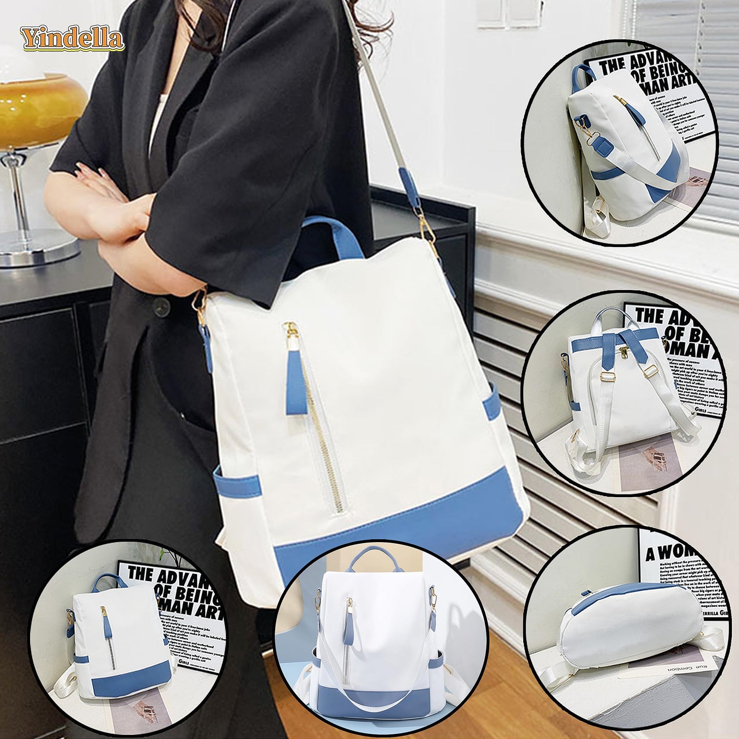 Yindella Women's Anti-Theft Fashion Backpack - Soft Leather Texture Large-Capacity Korean-Style Daypack Elegant Shoulder Fitting Backpack Purse for Travel and Collage Bag for Women and Girls (Blue)