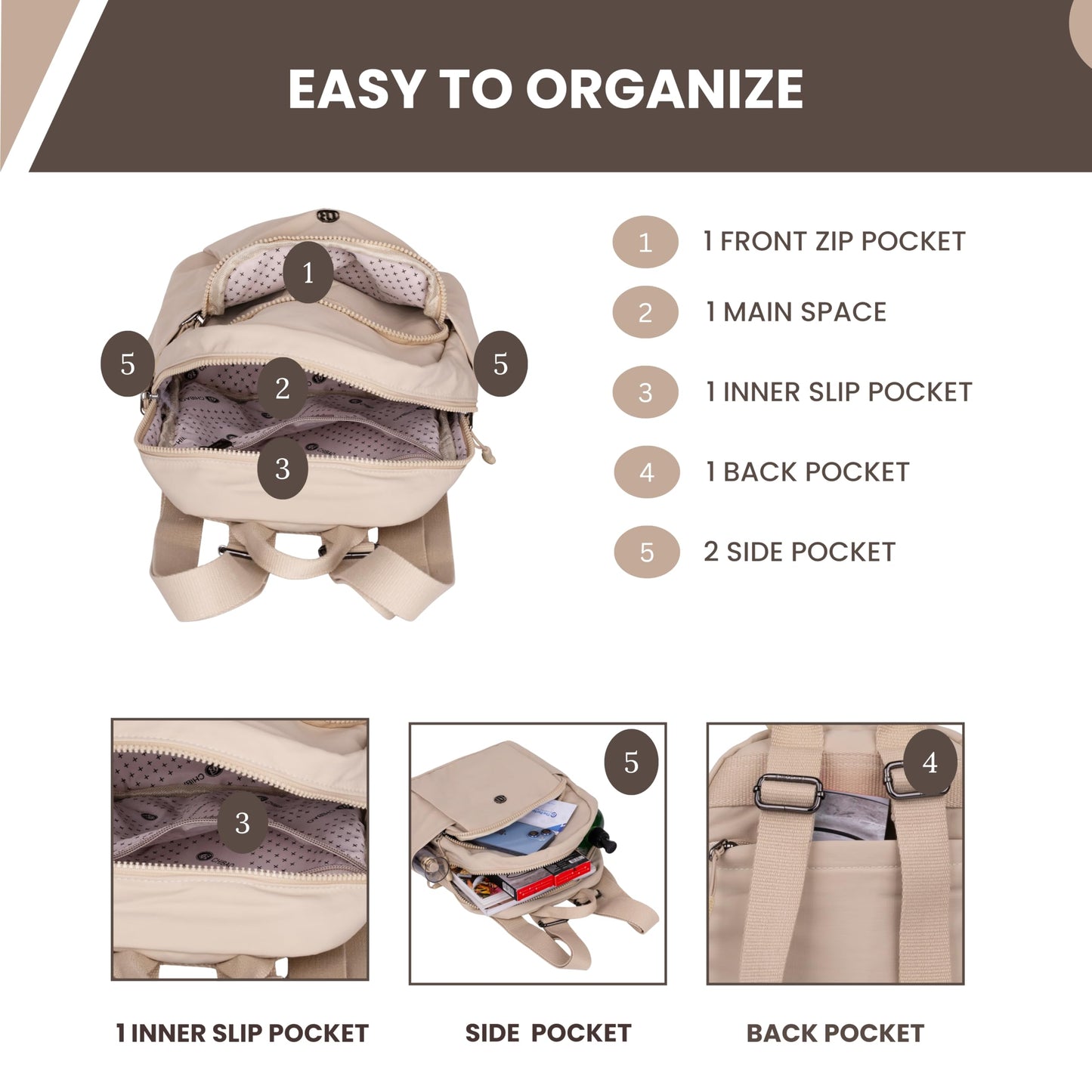 12o12 Women Travel Backpack, Multiple Pockets, Smart Organization, Lightweight Casual Daypack | Fashion Shoulder Sling Handbag Stylish for Travel, Work, Office, Picnic, Shopping College (Beige)
