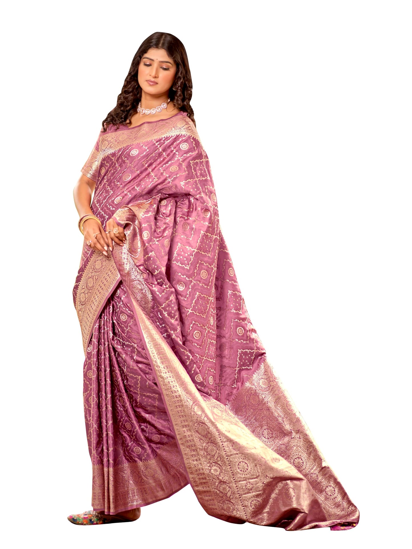 MANOHARI Women's Most Trendy Banarasi Satin Silk Woven Rose Pink Saree With Heavy Jacquard Work Saree With Blouse Piece_MN2030