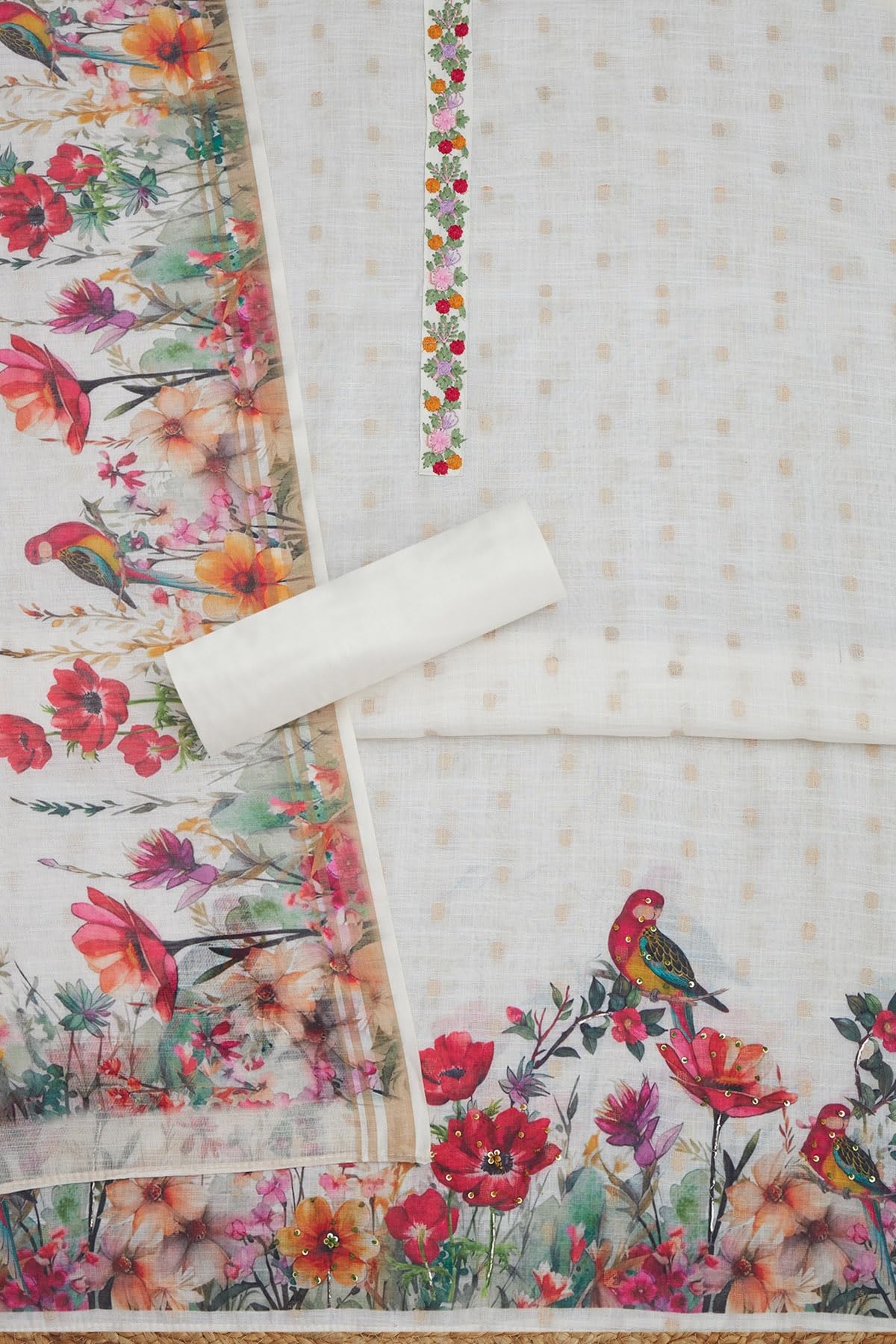 Soch Womens Off White Linen Botanical Print Unstitch Dress Material With Sequins