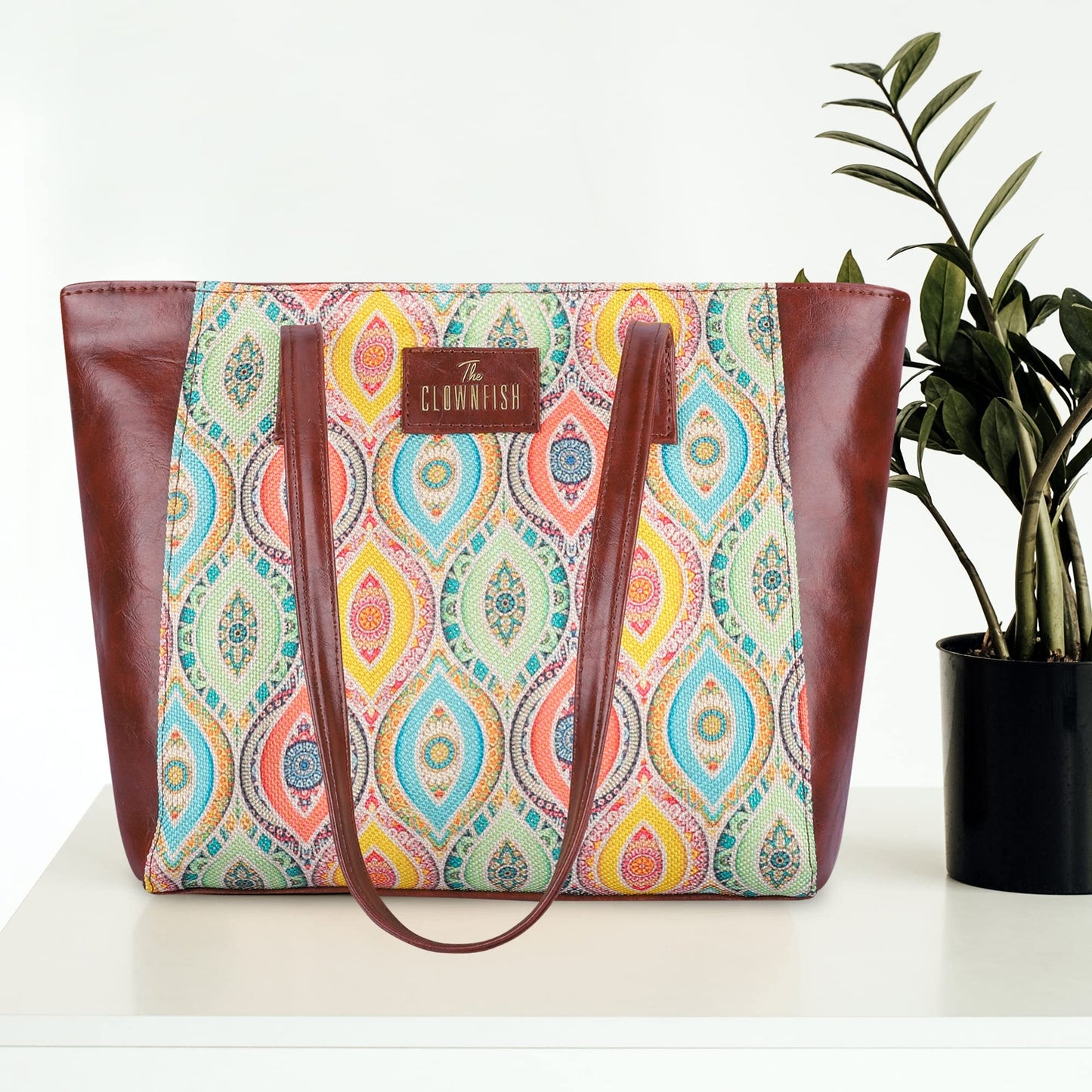 THE CLOWNFISH Valentine Printed Handicraft Fabric & Faux Leather Handbag for Women Office Bag Ladies Shoulder Bag Tote for Women College Girls (Multicolour Design)