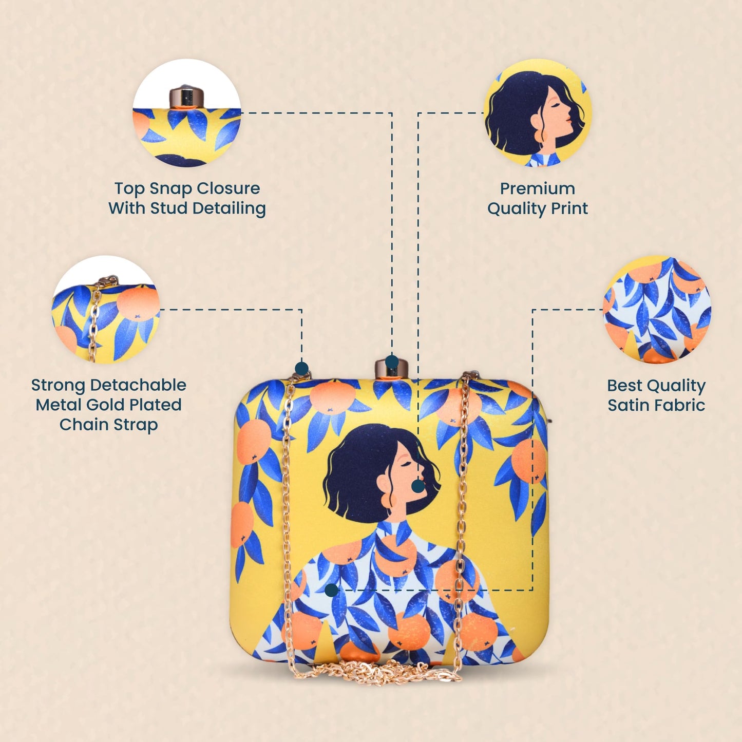 Artklim Yellow Citrus Bloom Diva Clutch for Women & Girls - Modern Box Sling Bag - Hard Case Handcrafted Evening Purse Daily Outings with Detachable Chain Strap - Gift for Woman