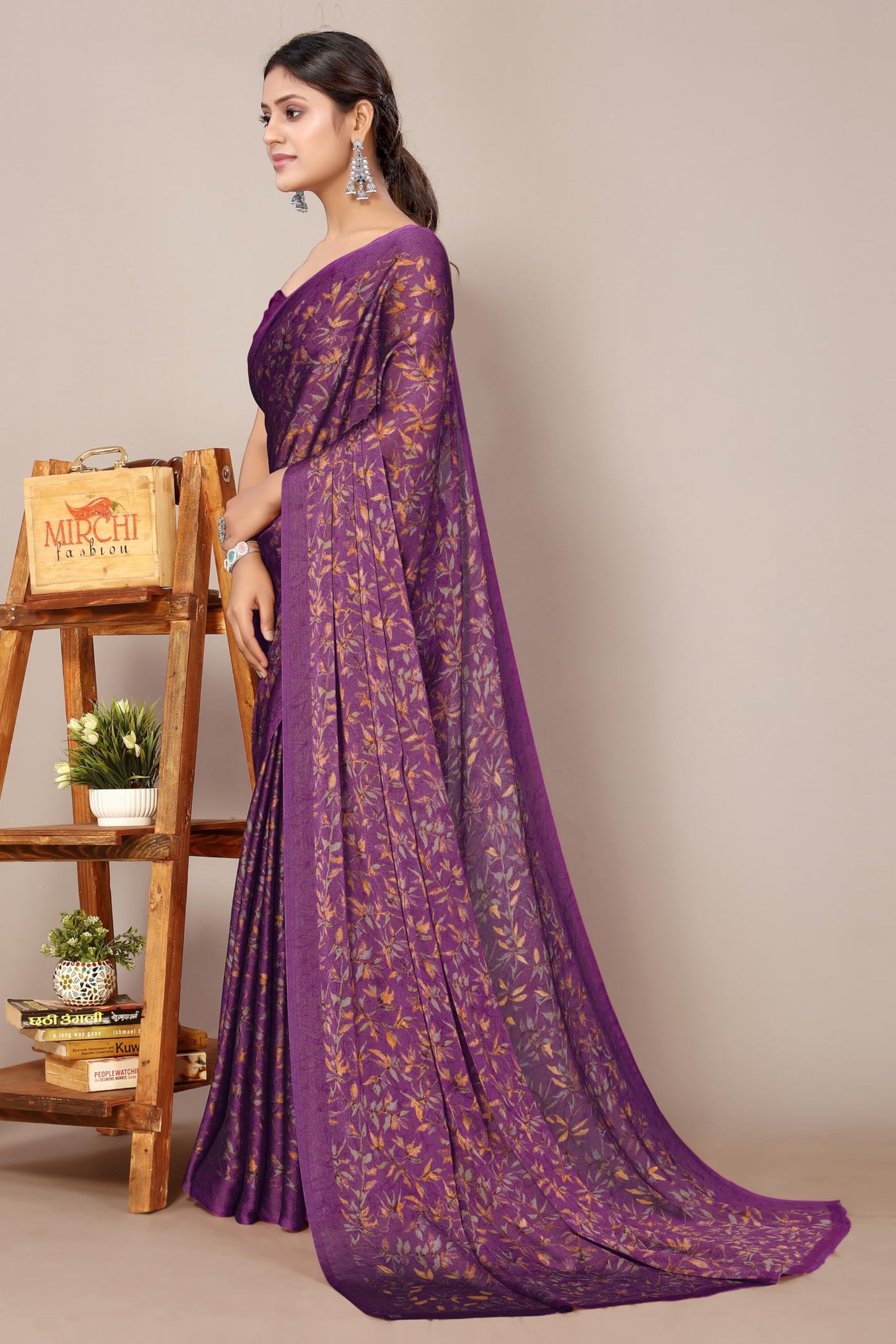 MIRCHI FASHION Women's Chiffon Floral Printed Saree with Blouse Piece (60452 - Dark Wine, Rust)