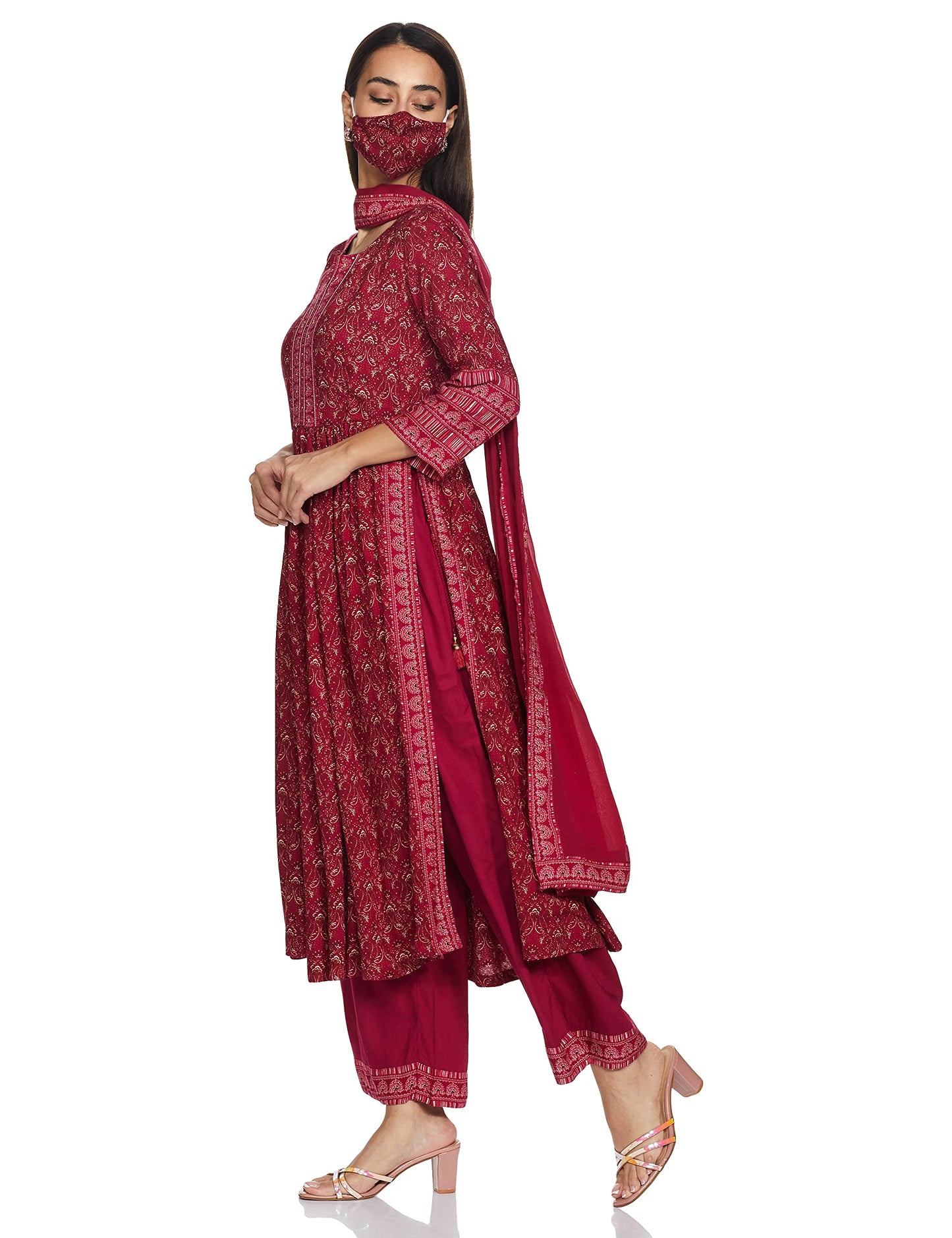 BIBA Women Printed Straight Salwar Kurta Dupatta(SKDPLEASED 7518_Meganta_32) Magenta