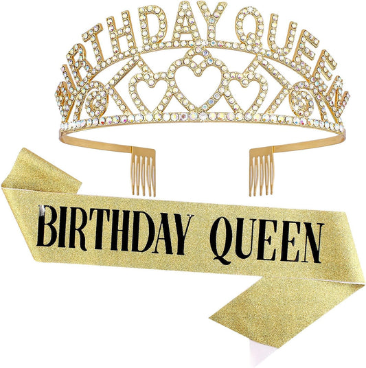 Shining Diva Fashion Latest Birthday Sash and Crown for Girls Birthday Decorations Items Gifts for Girls Women Kids Sister Best Friend 10, 15, 16, 12, 18, 20 years Teenager (Gold) (15418hb)