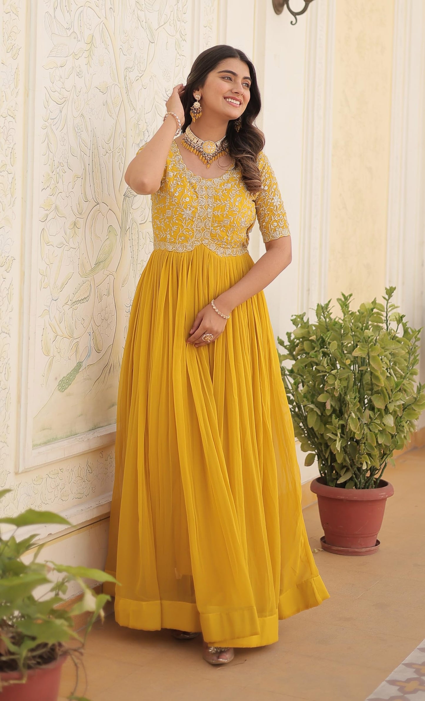 Fashion Basket Red Georgette Embroidered Anarkali Kurta Set for Women (in, Alpha, XL, Regular, Yellow)