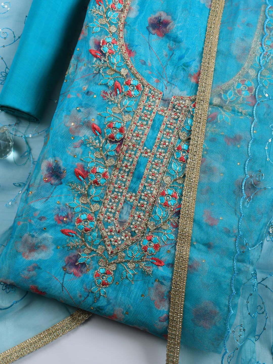 Meena Bazaar Printed Cotton Unstitched Kurta with Bottom & Dupatta
