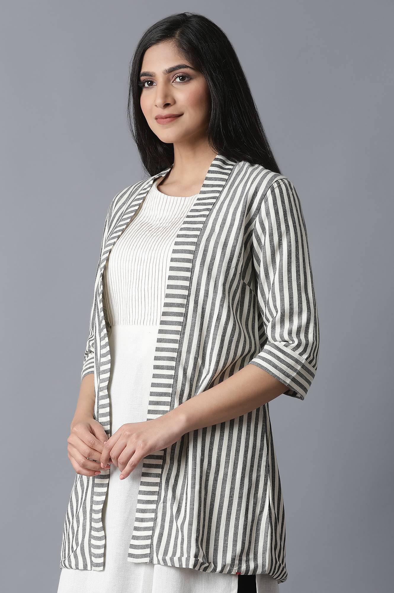 W for Woman Women's Ecru & Black Striped Shrug (21FEW14383-311847_Beige_XS)