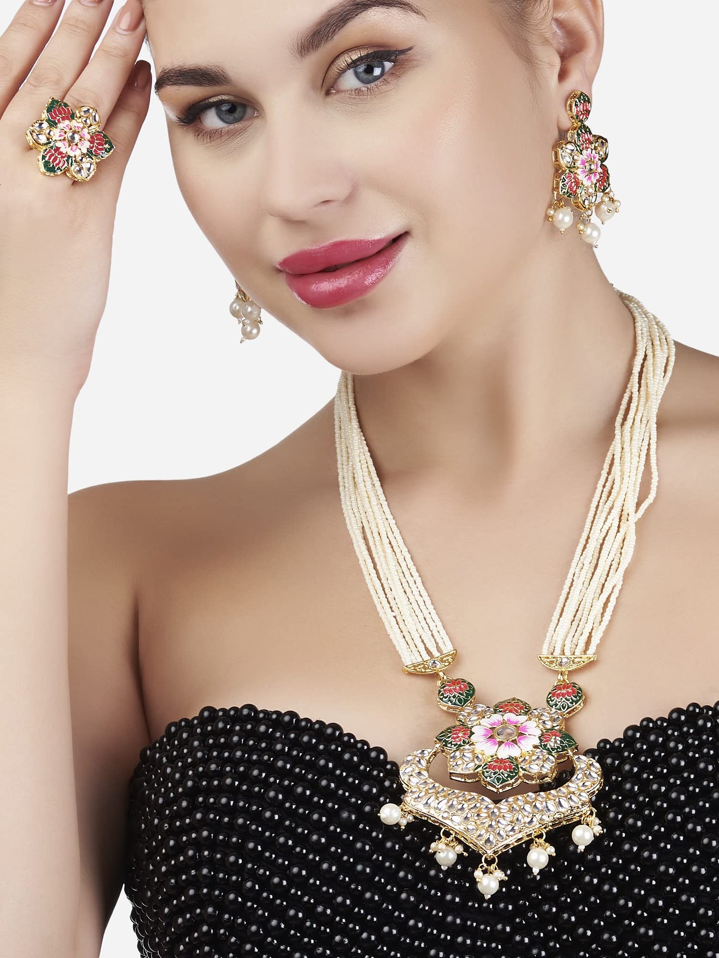 ZAVERI PEARLS Multicolor Meenakari Lotus Design Multistrand Pearls Long Necklace Earring & Ring Set For Women-ZPFK13429