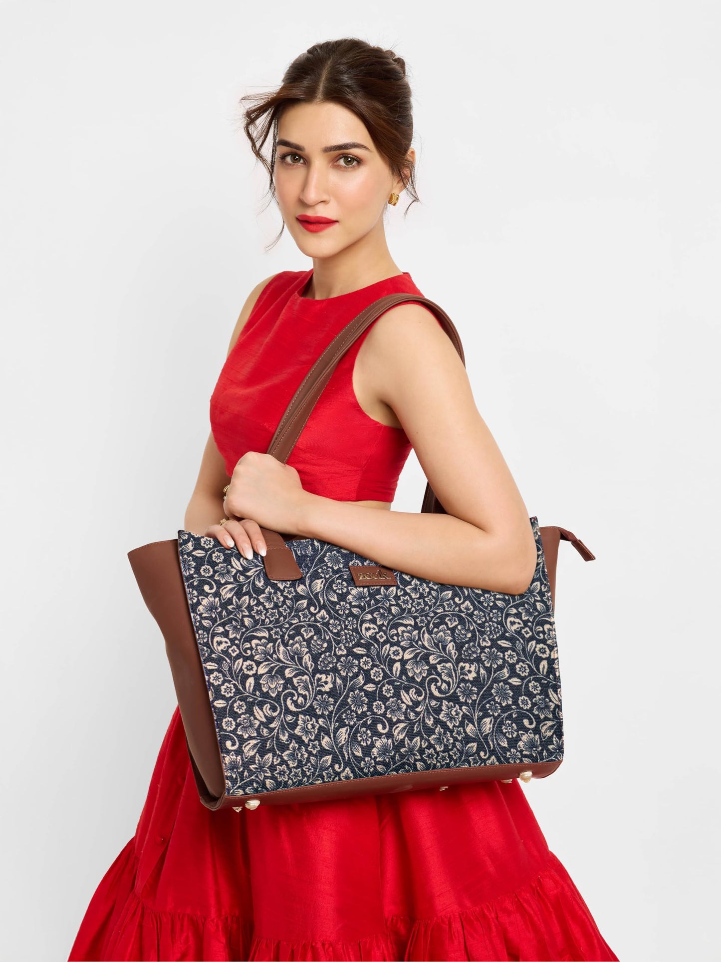 ZOUK FloMotif Floral Printed Jute Handcrafted Vegan Leather Women's Black Structured Tote Bag Contemporary