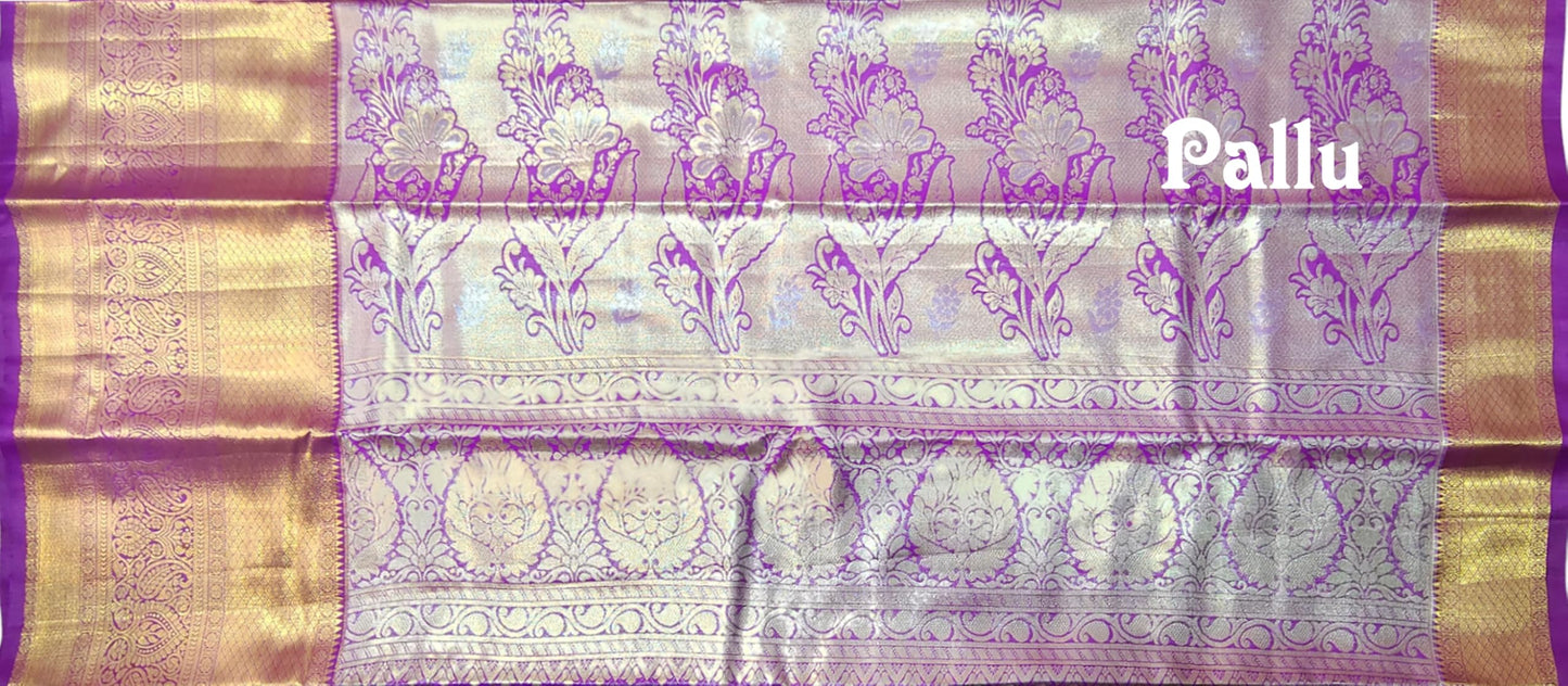 VFCollections Women's Kanchipuram Silk Pure Pattu Sarees With Blouse (VFC625-4), Purple,Beige