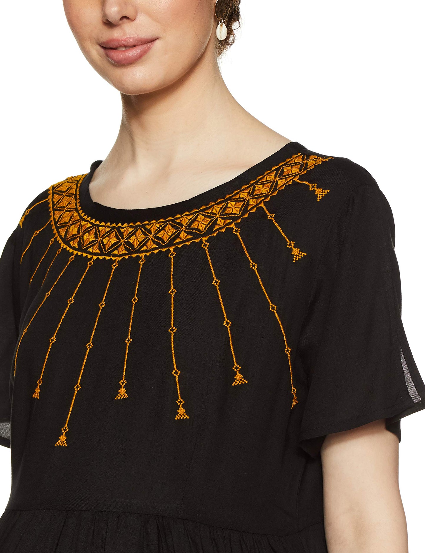 MomStory Women's Rayon Pleated Knee-Long Dress (MDRF501873_Black_XL)