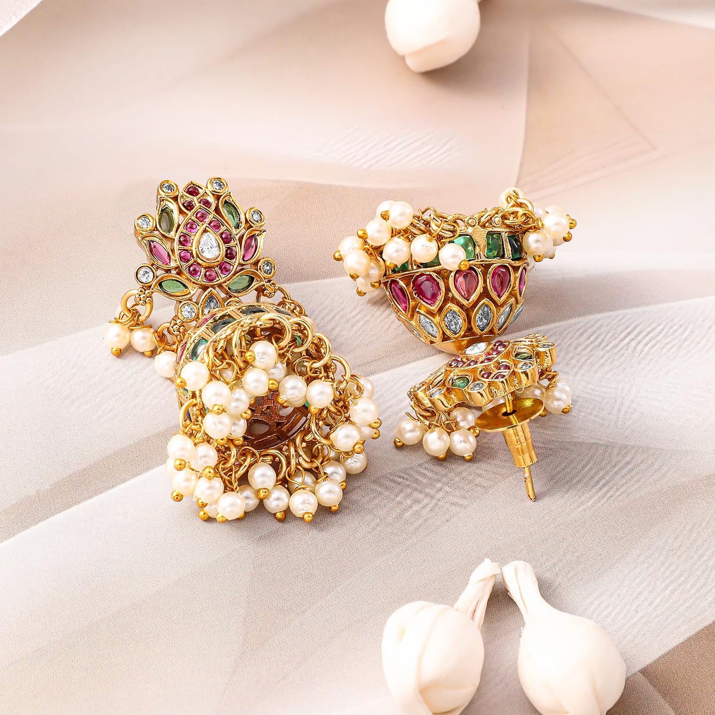Rubans Womens 22K Gold-Plated Ruby Pink, Emerald Green & White Kundan Studded Pearl Beaded Necklace Set