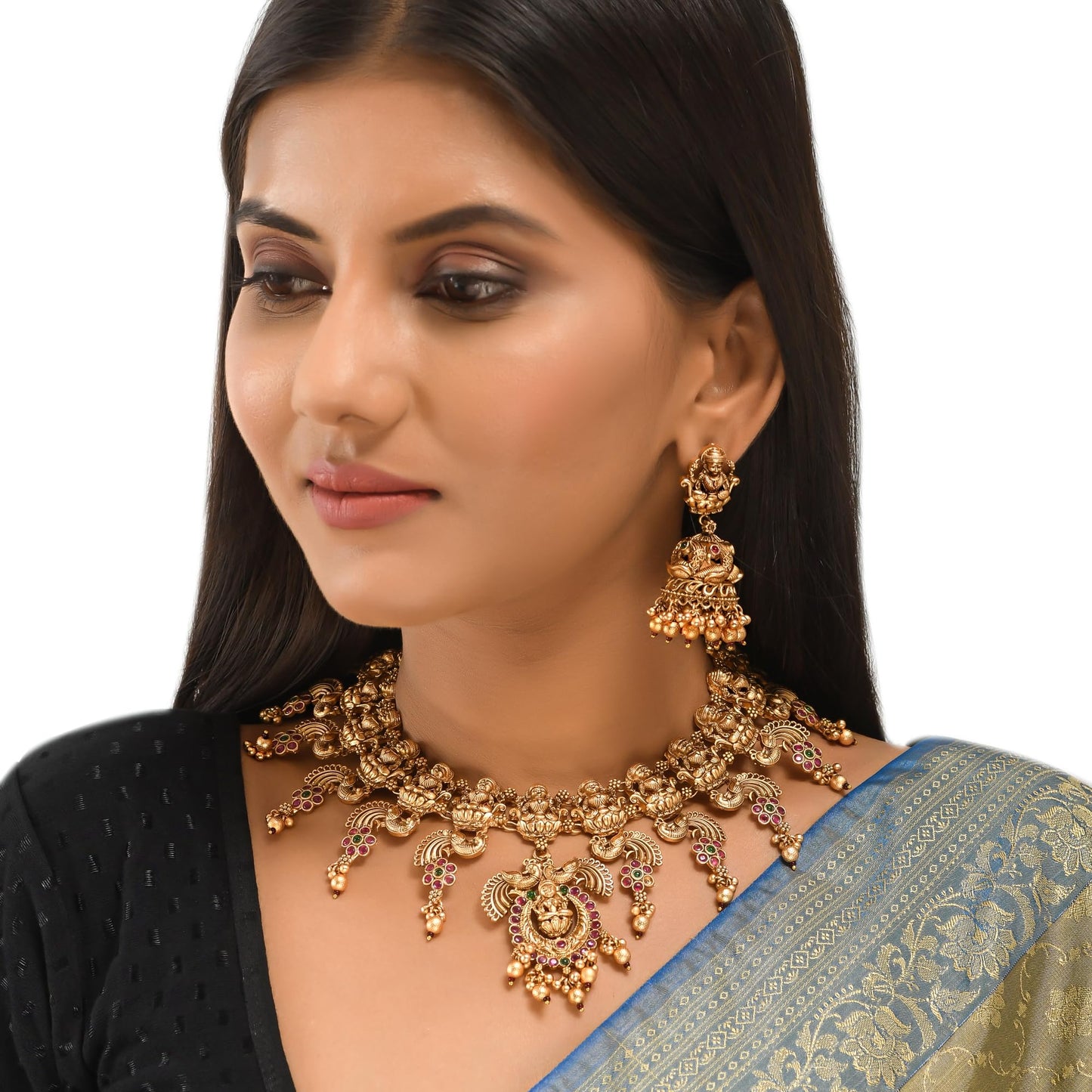 VOYLLA Faux Pearls and Kundan Adorned Brass Temple Jewellery Set