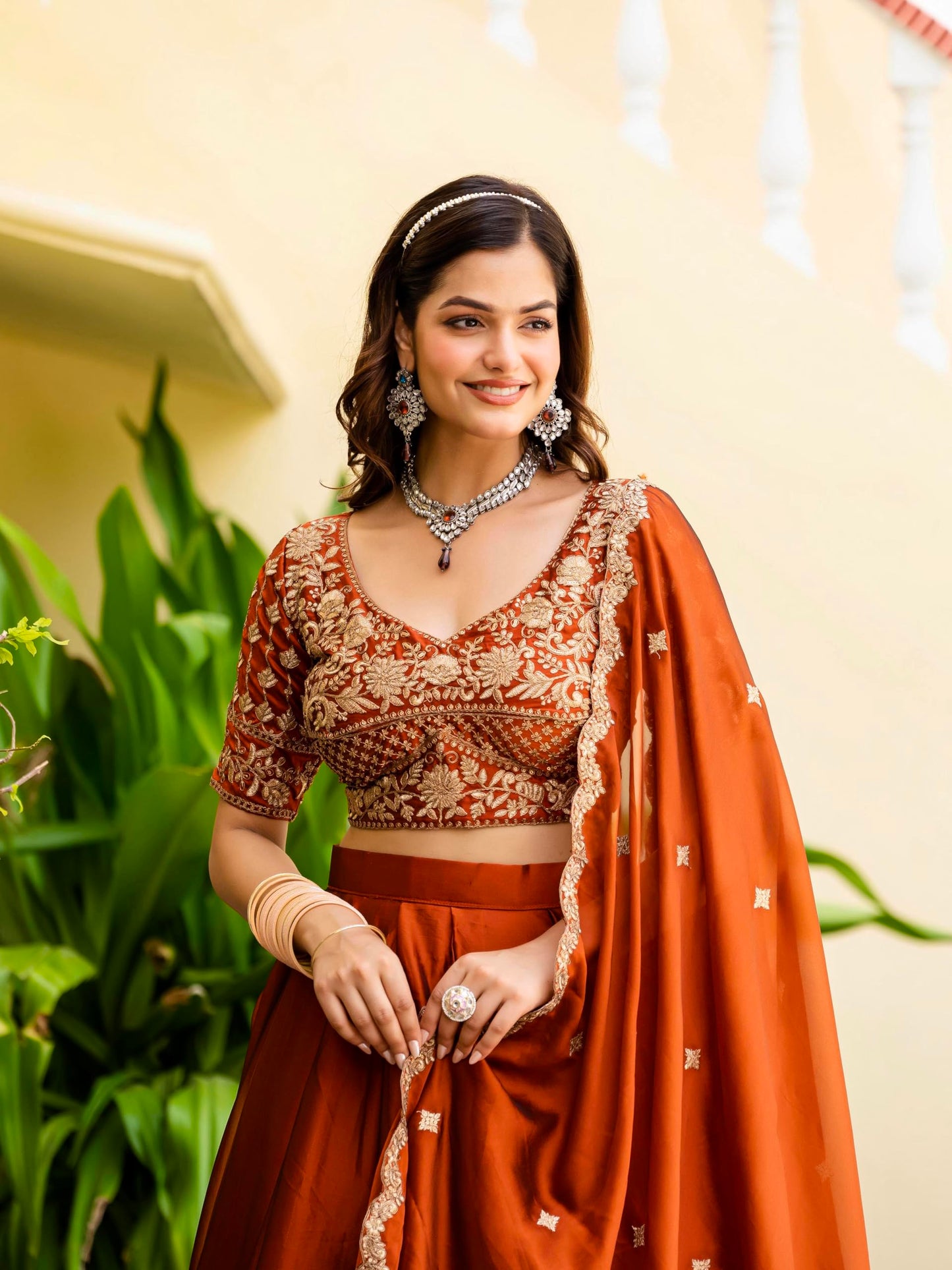 JIHU CULTURE Orange Silk Zari Sequence Embroidery Work Semi Sttiched Lehenga Choli For Women's.