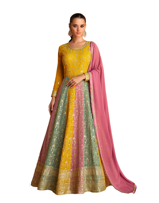 Miss Ethnik Women's Yellow Faux Georgette Stitched Top With Dupatta Full Sleeve Embroidered Anarkali Gown (ME-1183-Yellow-XL)